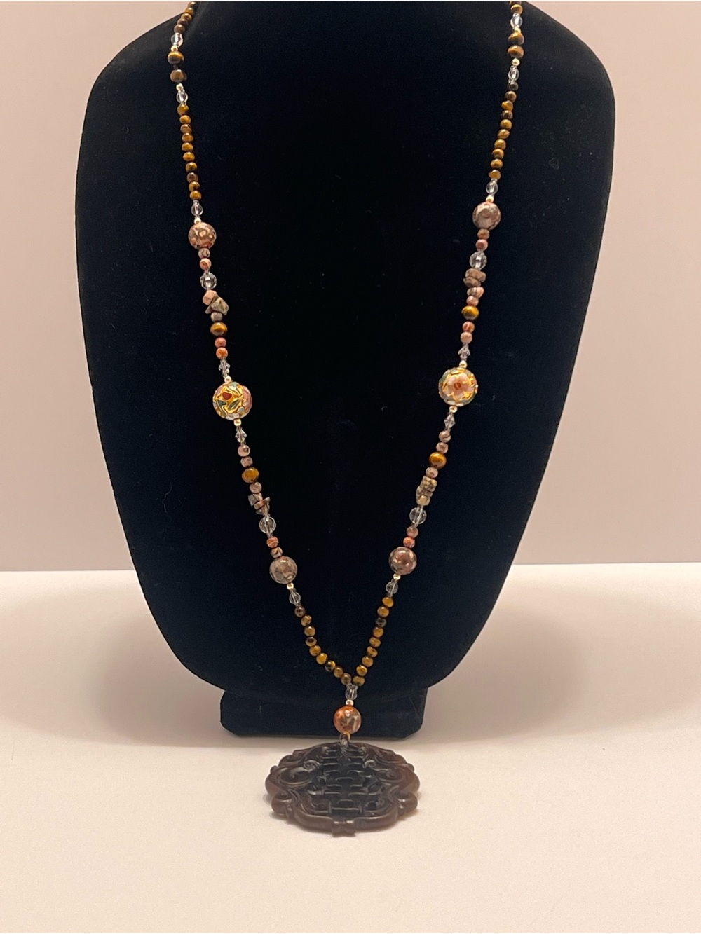 Handcrafted Agate Pendant Necklace with Tigers Eye Beads Asian inspired